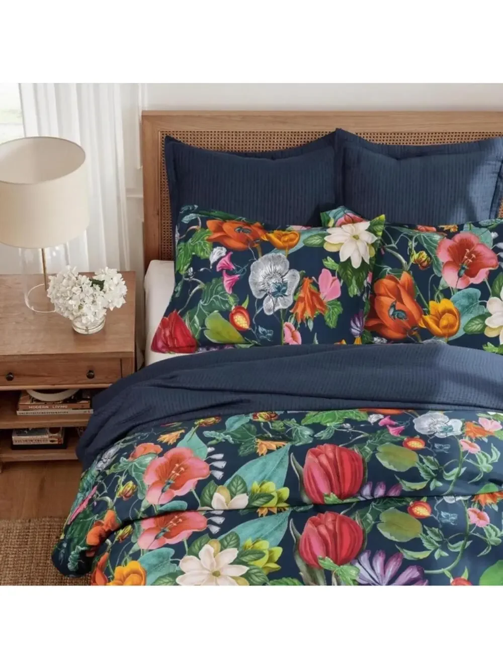 PB Style Floral Print Queen Duvet Sateen Cotton 3Piece Set Navy Blue Pink NWT